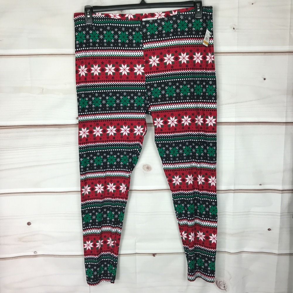 Planet Gold Leggings Juniors 3X Red Green Snow Flake Fair Isle Print Holiday
